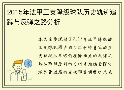 2015年法甲三支降级球队历史轨迹追踪与反弹之路分析