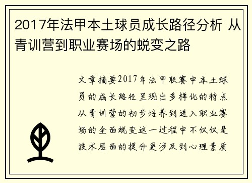 2017年法甲本土球员成长路径分析 从青训营到职业赛场的蜕变之路